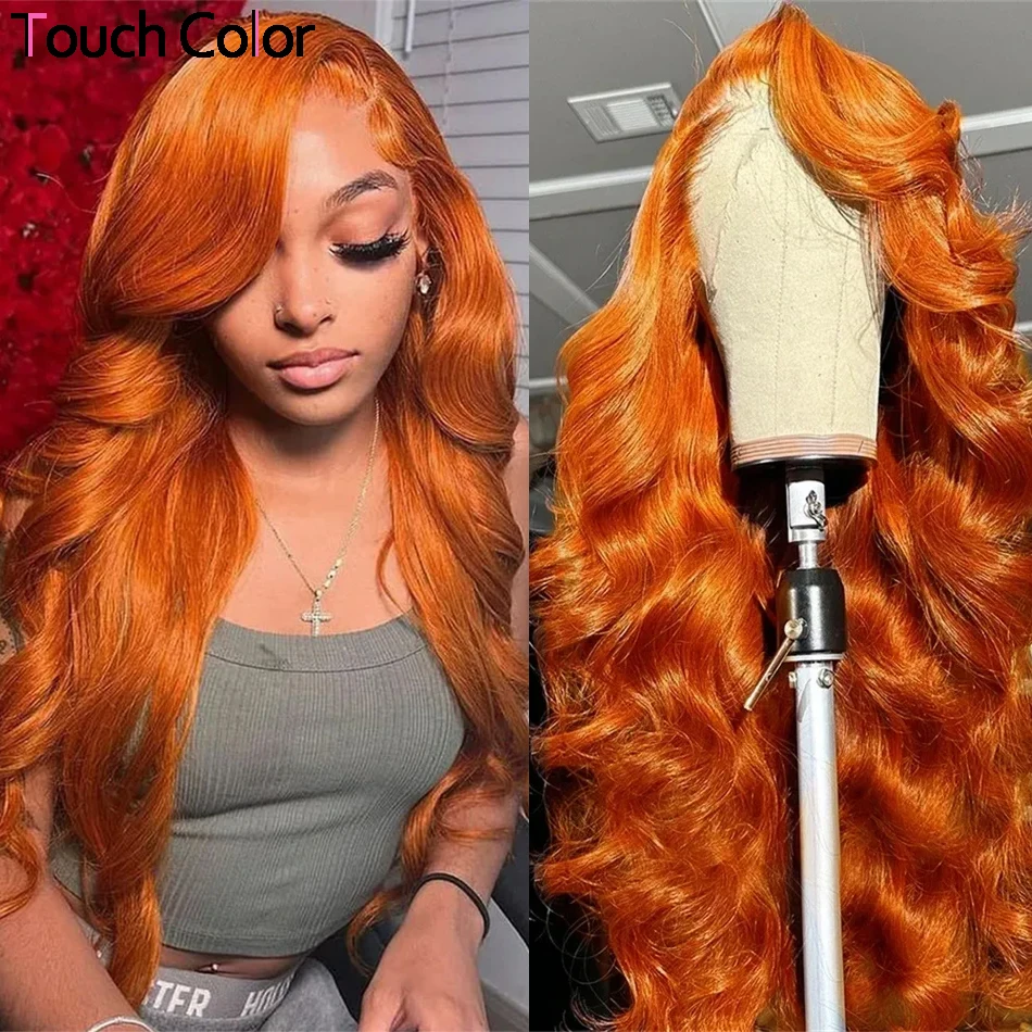 36 Inch Body Wave Orange Ginger 13x4 Transparent Lace Front Pre Plucked Human Hair Wigs Human Hair 180% Density Baby Hair