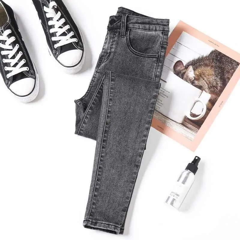 

Smoke Grey High Waist Skinny Jeans Women's Spring Autumn New Hi Long Pants Black Color Lead Pen Type Other Brand