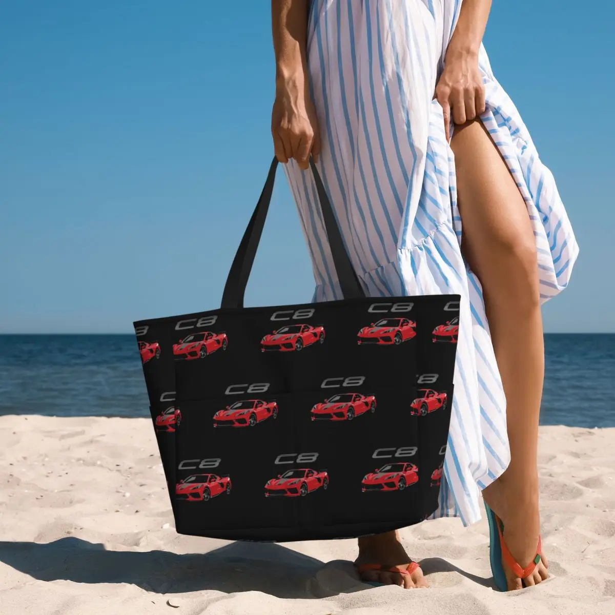 

Red Chevy Corvette C8 Mid Engine Beach Tote Bag Sport Gym Yoga Duffle Large Tote Bag Women Travel Bag Fitness bag