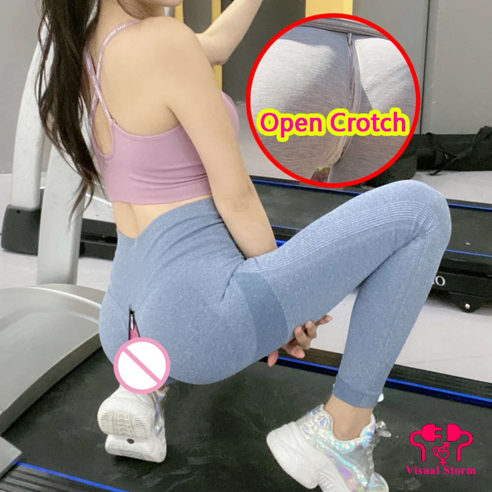 Woman Open Crotch Sexy Leggings with Double Zippers Easy Take Off Panties Sport Crotchless Pants Elastic Outdoor Sex Costume