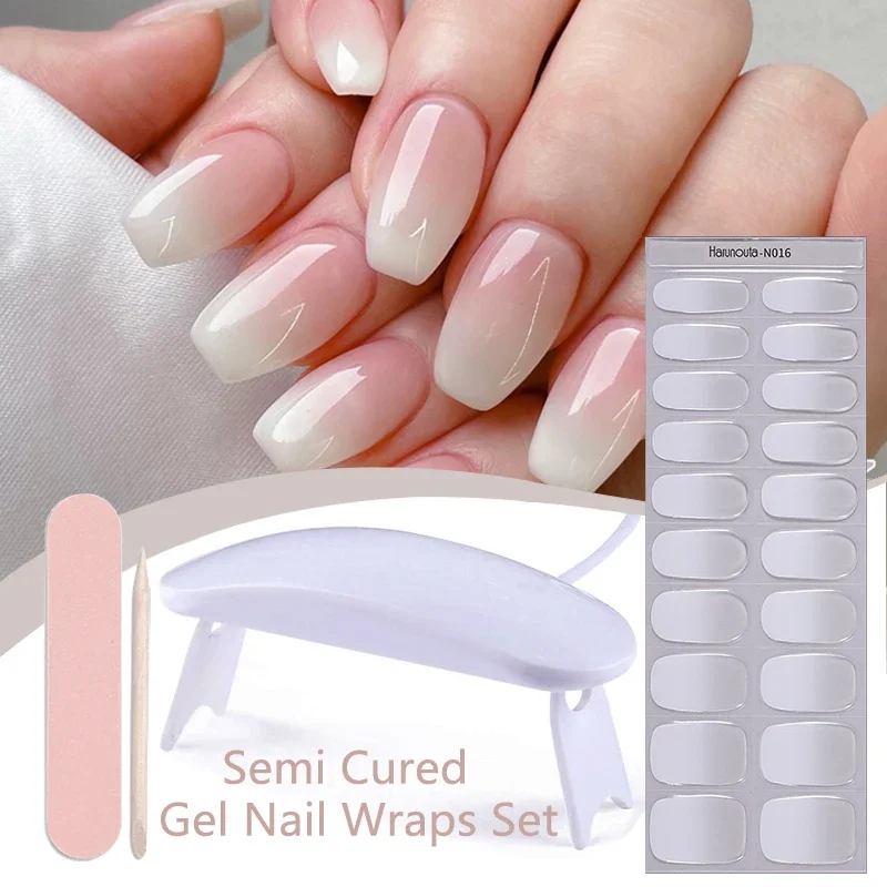 4pcs/set Gradient Jelly Semi Cured Gel Nail Strips with Nail Lamp Nude Pink Waterproof Nail Stickers Long Lasting Wrap