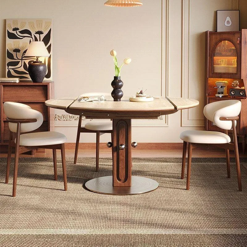 Medieval travertine rock slab dining table, telescopic folding household small apartment Bauhaus round simple solid wood dining