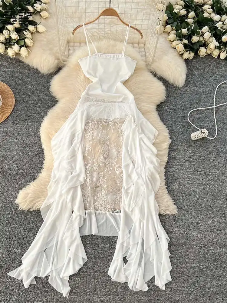 BabYoung ไม่สม่ําเสมอ Ruffles ผู้หญิงแขนกุด Slim SHEER Design ลูกไม้ Splice ฤดูร้อนพื้นฐานเซ็กซี่ Sundress
