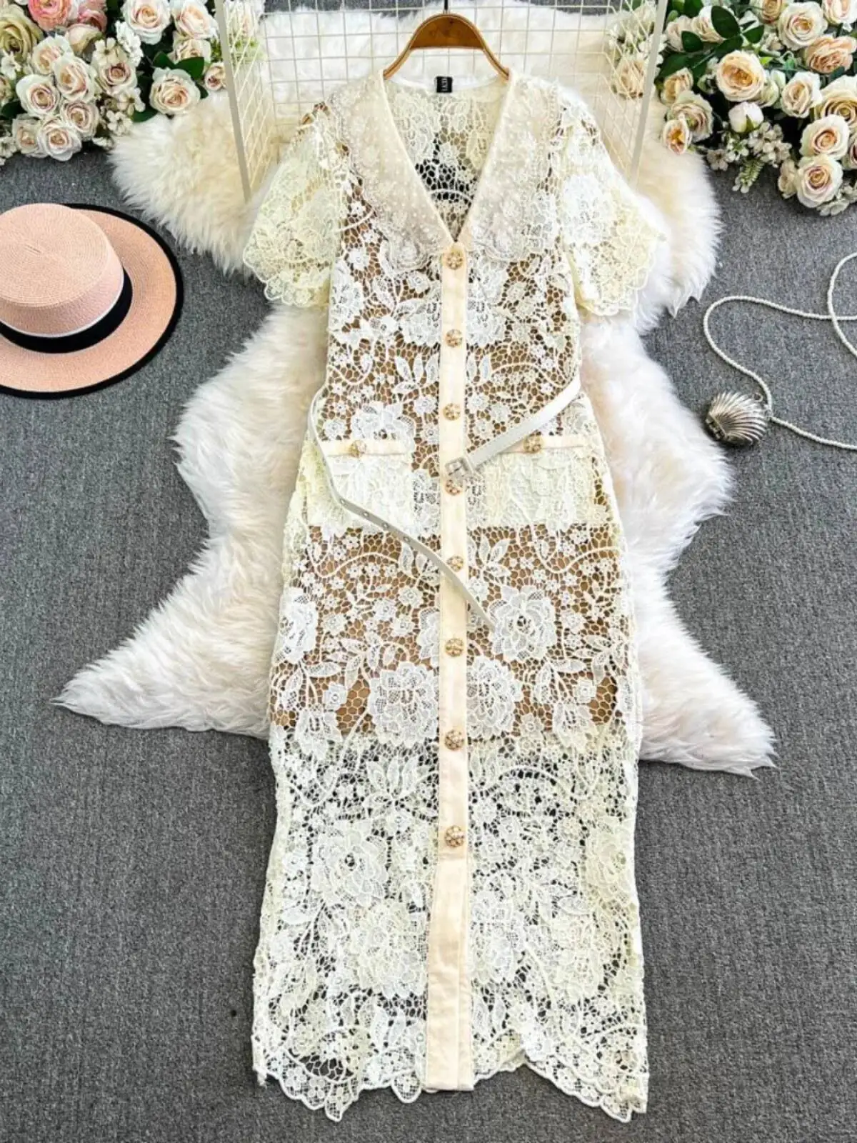 Robe de Soirée en Dentelle Brodée de Fleurs pour Femme, Tenue de Bal de Qualité, Manches Courtes, Tambour, Crayon, Perles, Diamants, Été, Automne