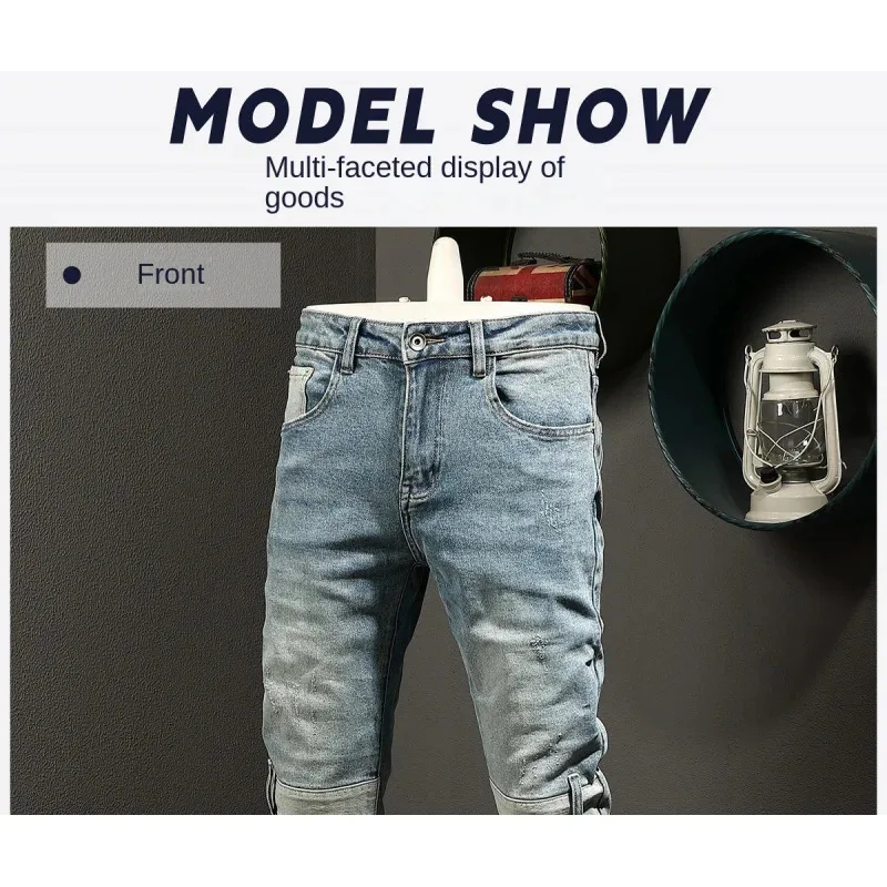 الربط الجينز الرجالي أزياء الرجعية الاتجاه تمتد الدنيم سليم صالح أقدام صغيرة الحنين الشارع دراجة نارية السراويل