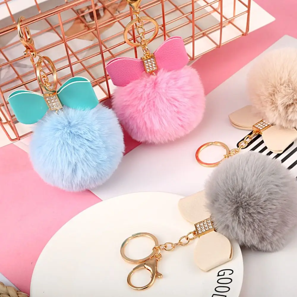 Cute Fluffy Pompom Keychain 8CM Solid Color Pompom Pendant PU Bow Plush Keyring Bag Accessory