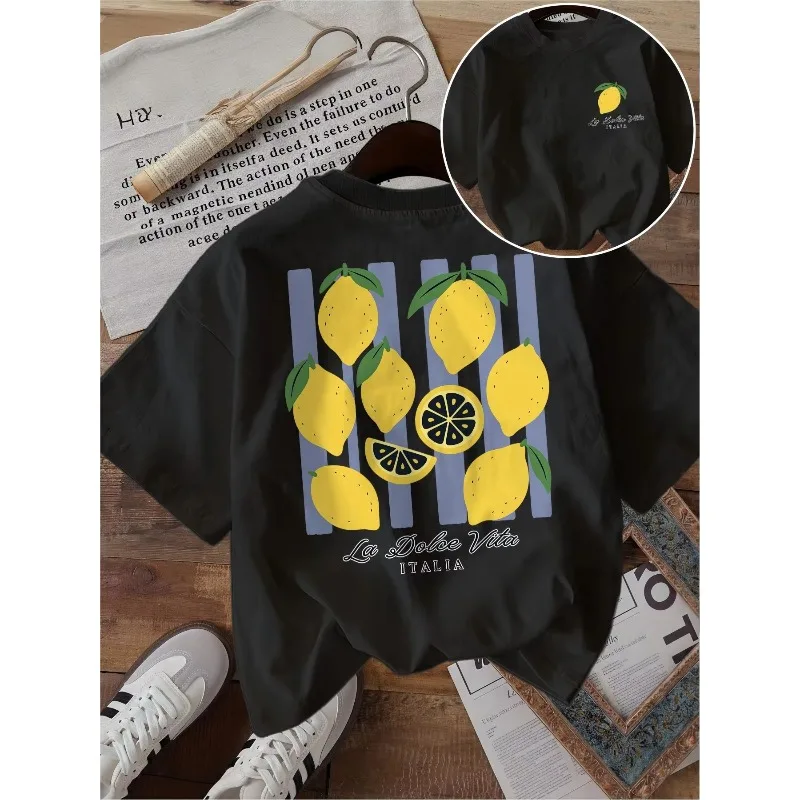 La Dolce Vita T-shirt Fun Lemon Fruit Pattern Purple Stripes Italian Style Neutral Harajuku Loose Short Sleeve Summer Women Top