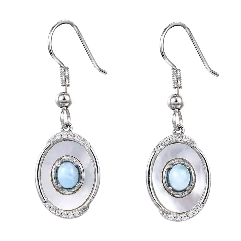 

JieLing Rhodium Silver Hook Earrings Oval Larimar Stone Minimalist Blue Women's Fashion Jewelry Dainty Gift