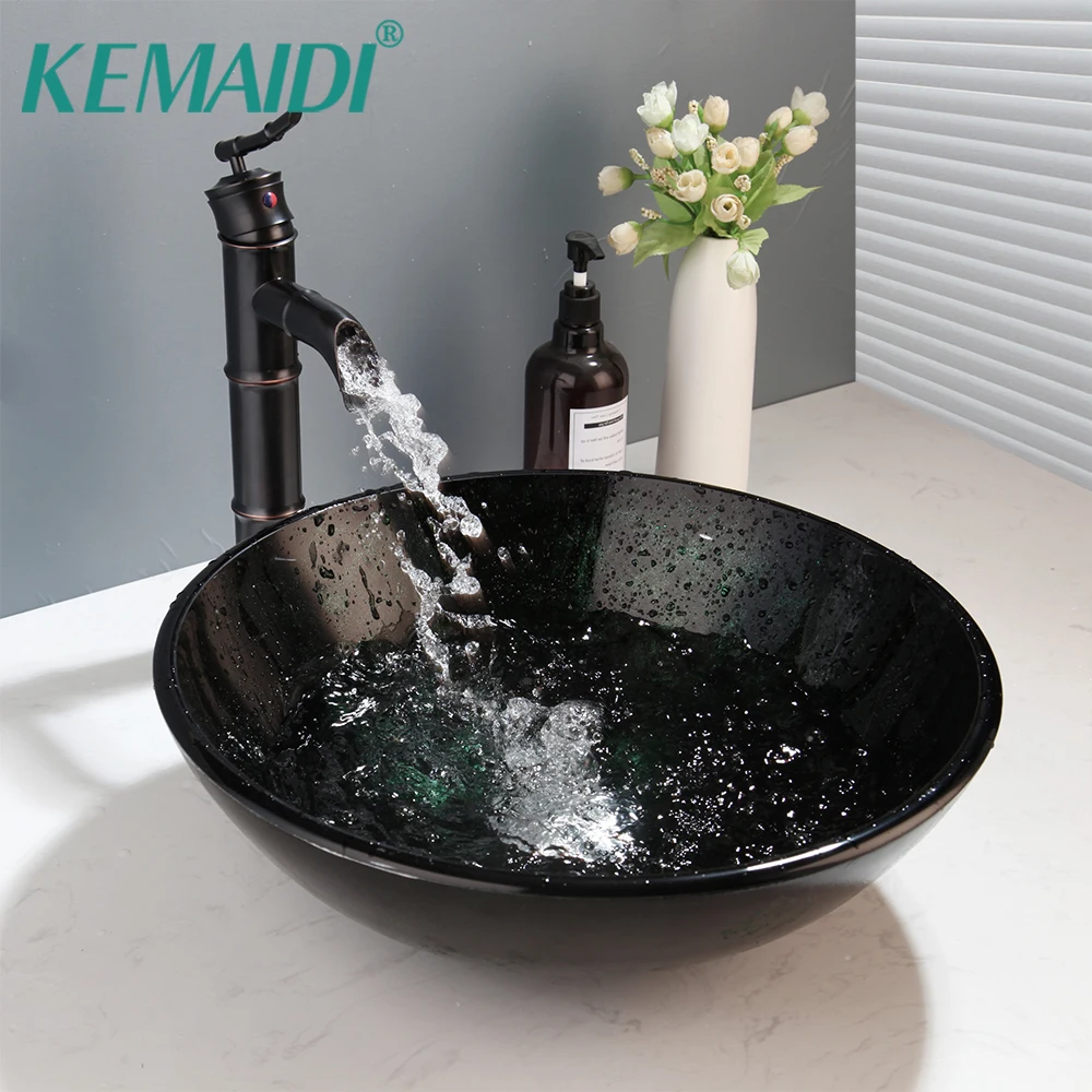 

KEMAIDI Bathroom RBlack Green Pattern Tempered Glass Basin Faucet Combo Oval Wash Basin W/ORB Faucet Sink Pop Up Sink Drain