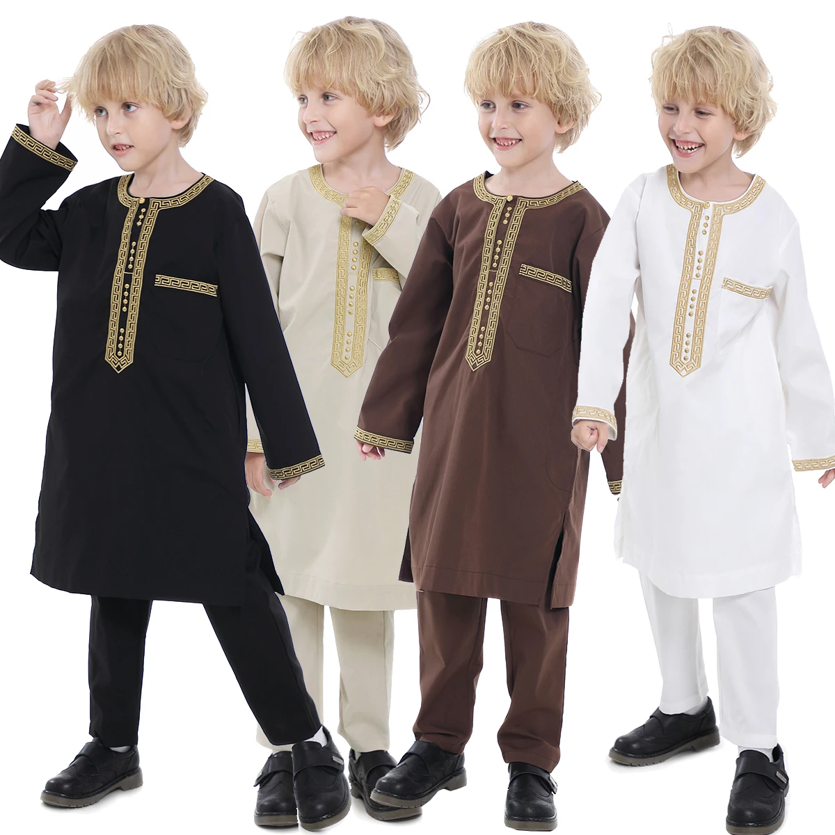 2024 Muslim Clothing For Boys Shirt Abaya+Pants 2 Pieces Set Islamci Suit Set Embroidery Thobe Kids TH878