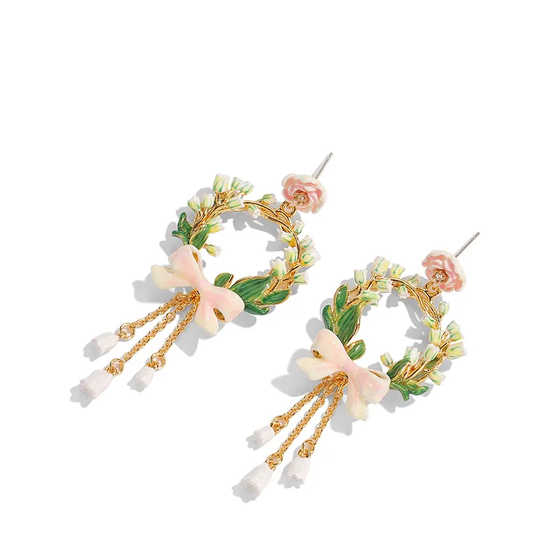 Fashion Enamel Glaze Pink Rose Butterfly Knot Bell Orchid Blossom White Lily of the Valley Long Tassel Earrings Necklac for Girl