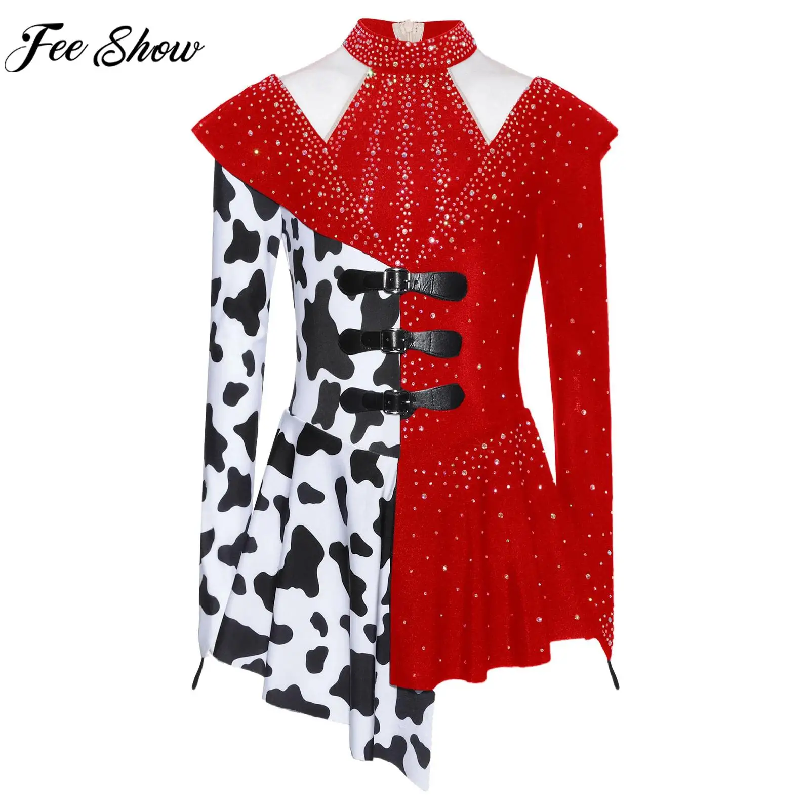 

Kids Girls Figure Skating Gymnastics Leotard Dress Long Sleeve Shiny Rhinestone Mesh Dancewear Halloween Cow Cosplay Costume