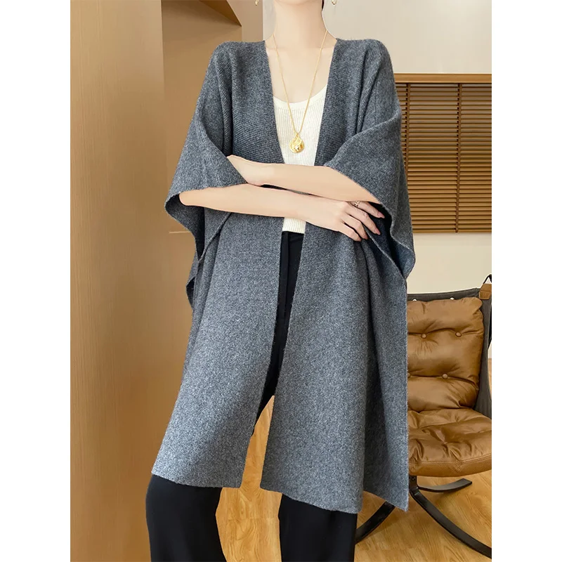 Wool Loose Medium Long Cardigan Women\'s Autumn Winter French Fashion Solid Color Australian wool Merino Knitted Cloak Top