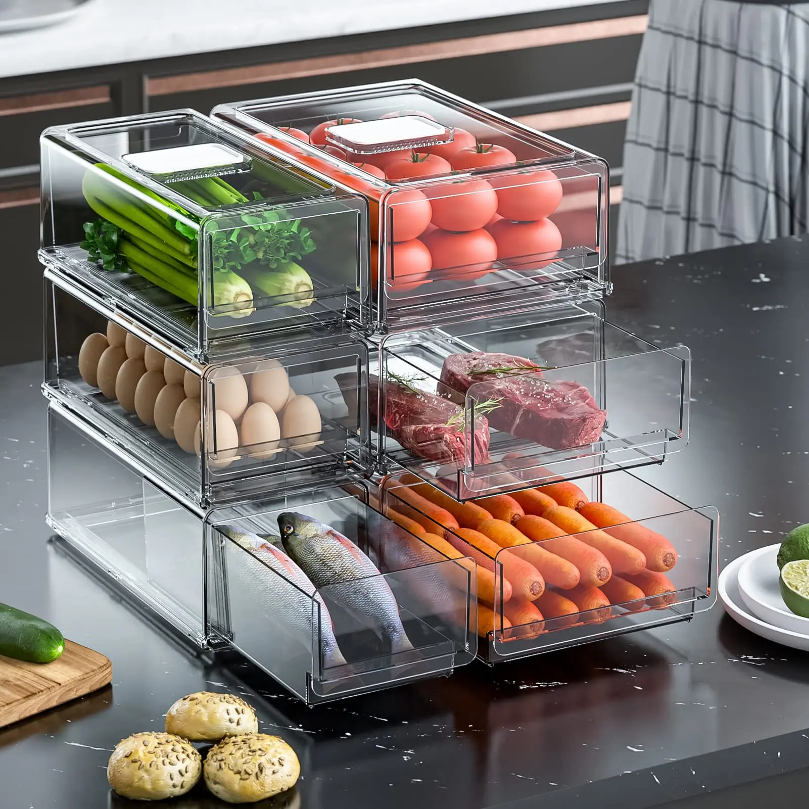 Refrigerator Organizer, Pantry Organization and Storage Bins,Plastic Stackable Storage Bins with Drawers, for Fridge Kitchen