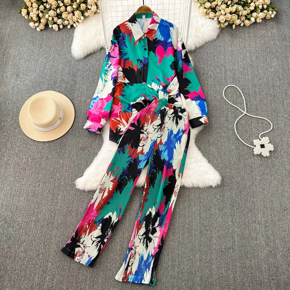 Spring Women Sleepwear Casual Loose Tie-dyed Trousers Suit Long Sleeve Shirts Blouses Wide Leg Pant Female Pajamas 2 Pieces