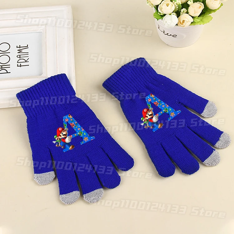Cute Marioed Man Glove Game Letters A-Z Anime Print Boys Outdoor Warm Casual Street Outdoor Finger Knitted Glove Kids Party Gift