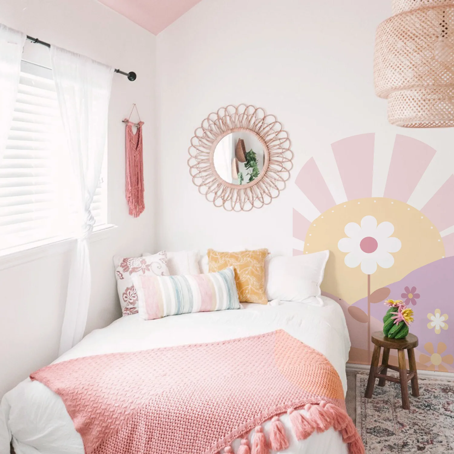 Art Pink Arch Daisy Self-Adhesive Wall Decals for Nursery Girl Room Kids Rooms Colorful Decorative Wall Stickers Living Room