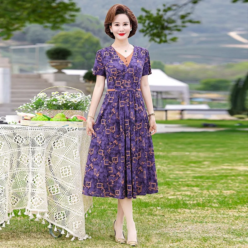 

Women Vintage Dress Short Sleeve V collar Summer Vestidos Womens Elegant Printing Mid-Calf Casual Dresses Female