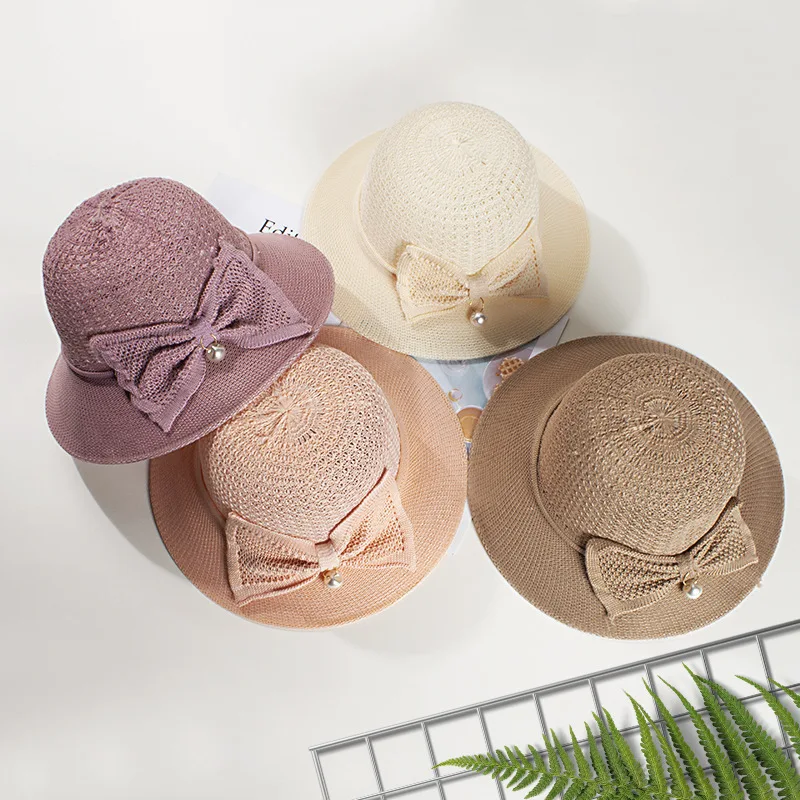 Big Brim Thin Straw Sun Hat for Women Girls Sweet Outdoor Beach Pearl Bow Bucket Hat Fisherman Cap Breathable Sunshade Hat