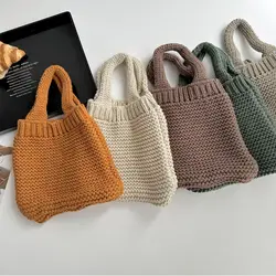 Solid Color Hand-woven Bag New Knit High-capacity Wool Knitting Shoulder Bags Tote Bag Mid-autumn Festival