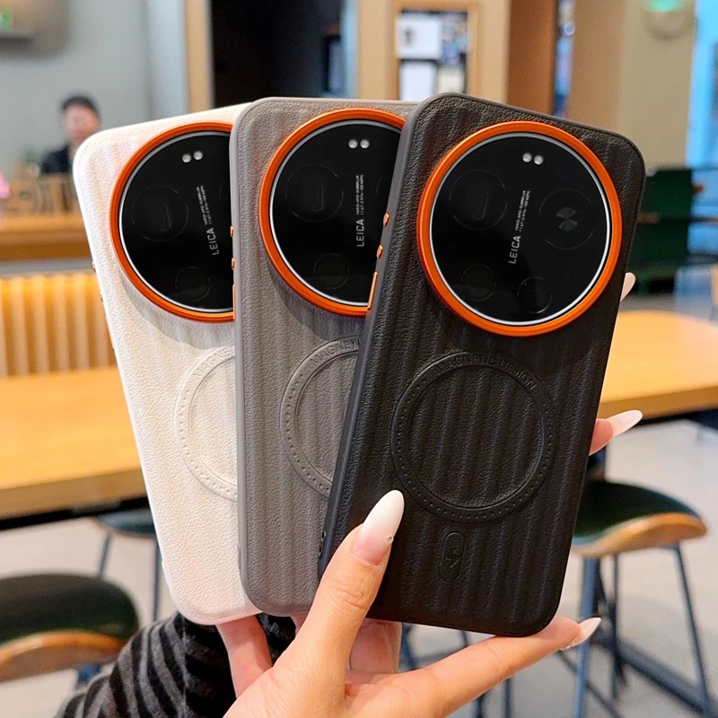 

For Xiaomi 17 15 14 Ultra Case Magnetic Ripple Corrugated PU Leather Texture Ultra-thin Protective Cover for Xiaomi Mi 17 Ultra