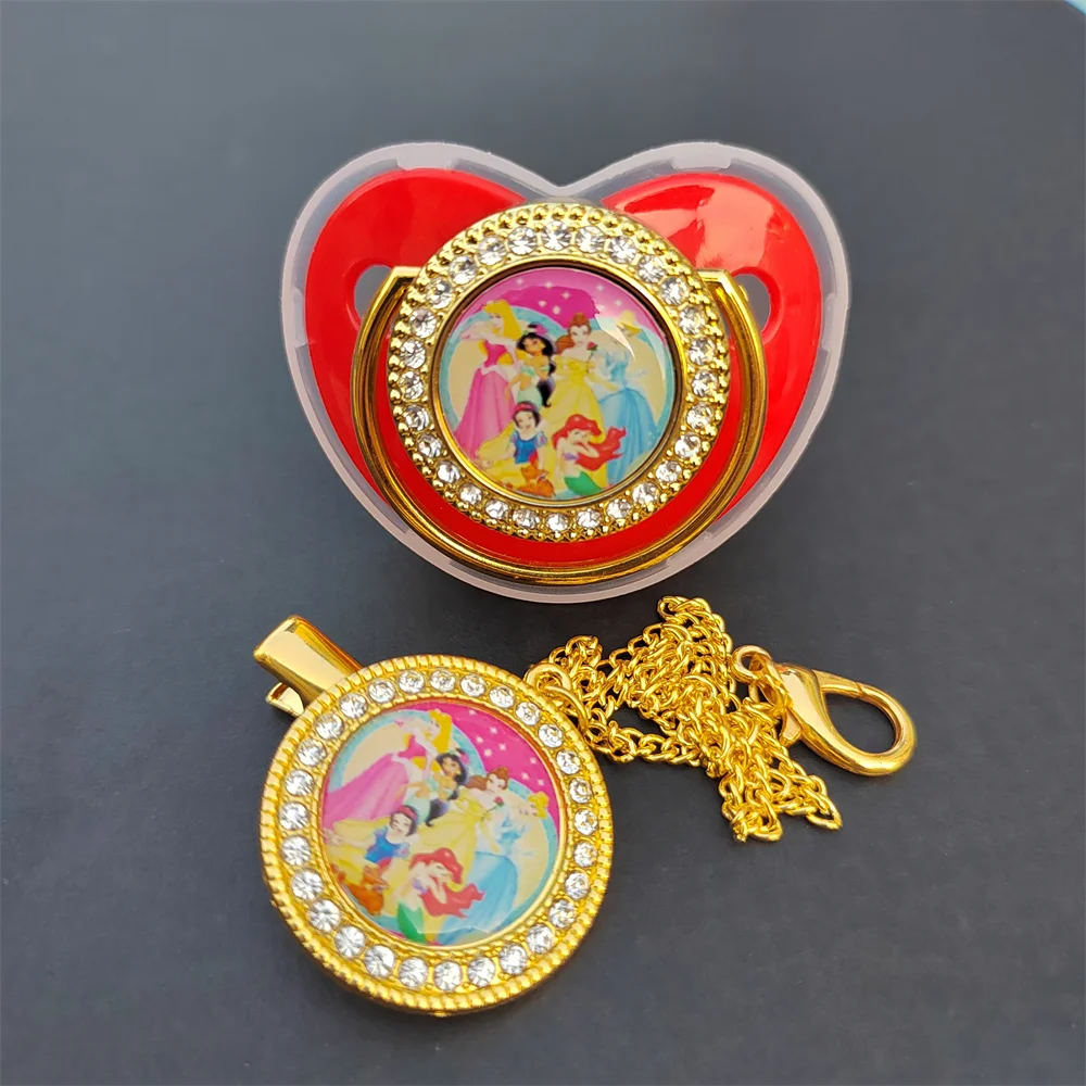 [1 conjunto] disney princesas minnie mouse bling suporte de cristal para chupeta silicone chupetas recém-nascidos conjunto bpa livre presente do