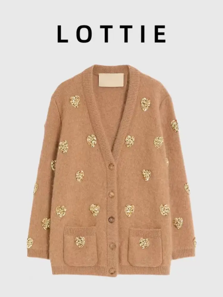 

LOTTIE High-End Autumn Winter New Heart aped Sequin Dyed Yarn Long Sve V-Ne Camere Open Cardigan Women's Knitted Swe...