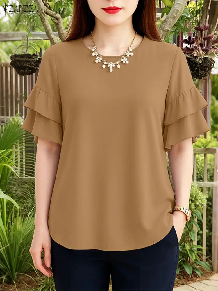 ZANZEA 2025 여름 오피스 블라우스 여성 우아한 O넥 반팔 블라우스 스타일리시한 솔리드 OL 워크 탑 여성 휴가 셔츠