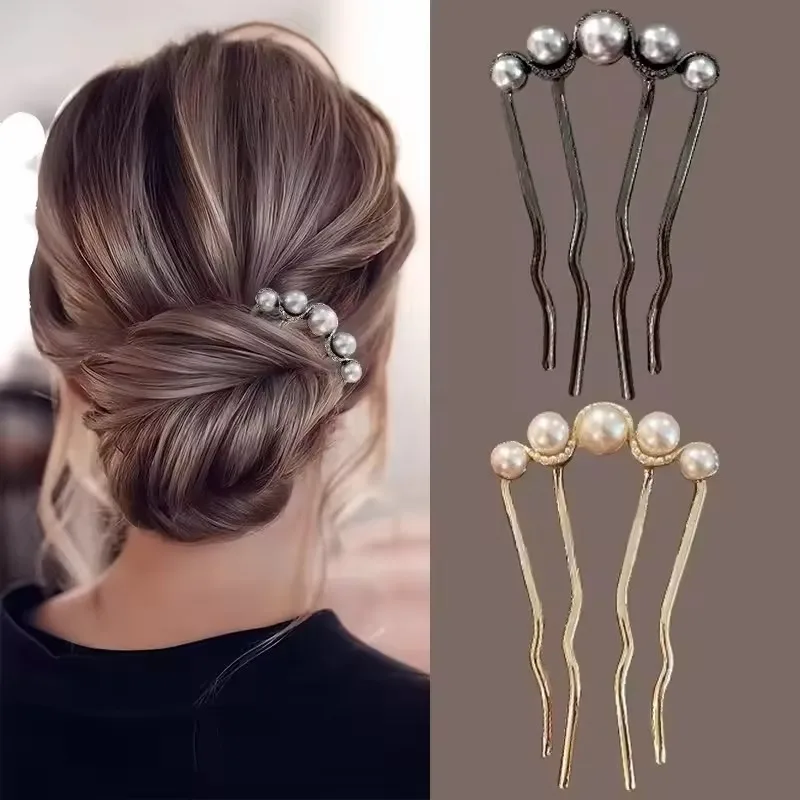 2pcs Fashion Metal U-Shaped Hair Sticks Women Girls Korean Simple Pearl Hair Clip Pins Bun Maker Hairstyle Tools Hair Accessory