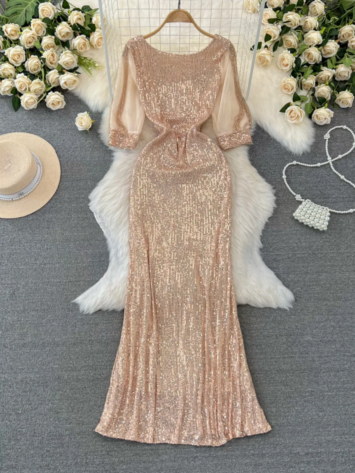 

Ele Long Evening Dr Women's Faion Sequin Empire Waist Fi Tail Gown round Neline Mid-Length A-Line Skirt