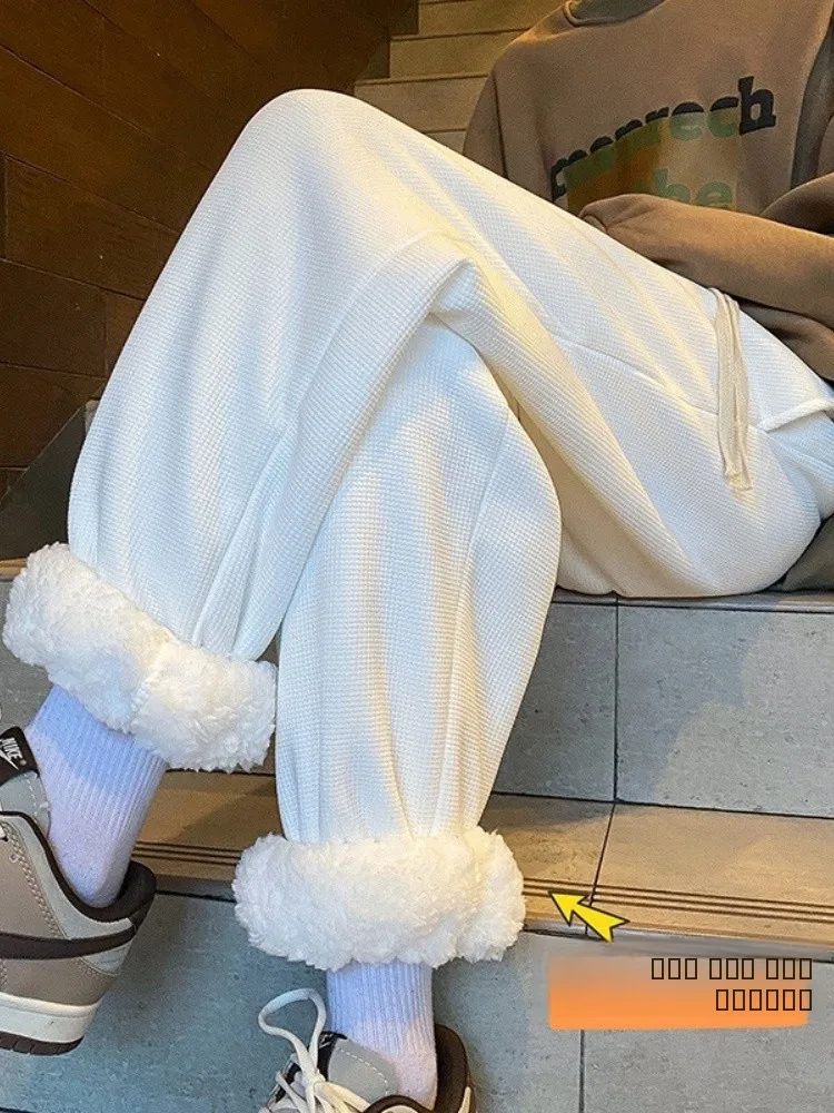 

Утепленные зимние спортивные брюки из овечьего вельвета для подростков, с эластичным поясом, свободного кроя, повседневные, прямые, в американском стиле