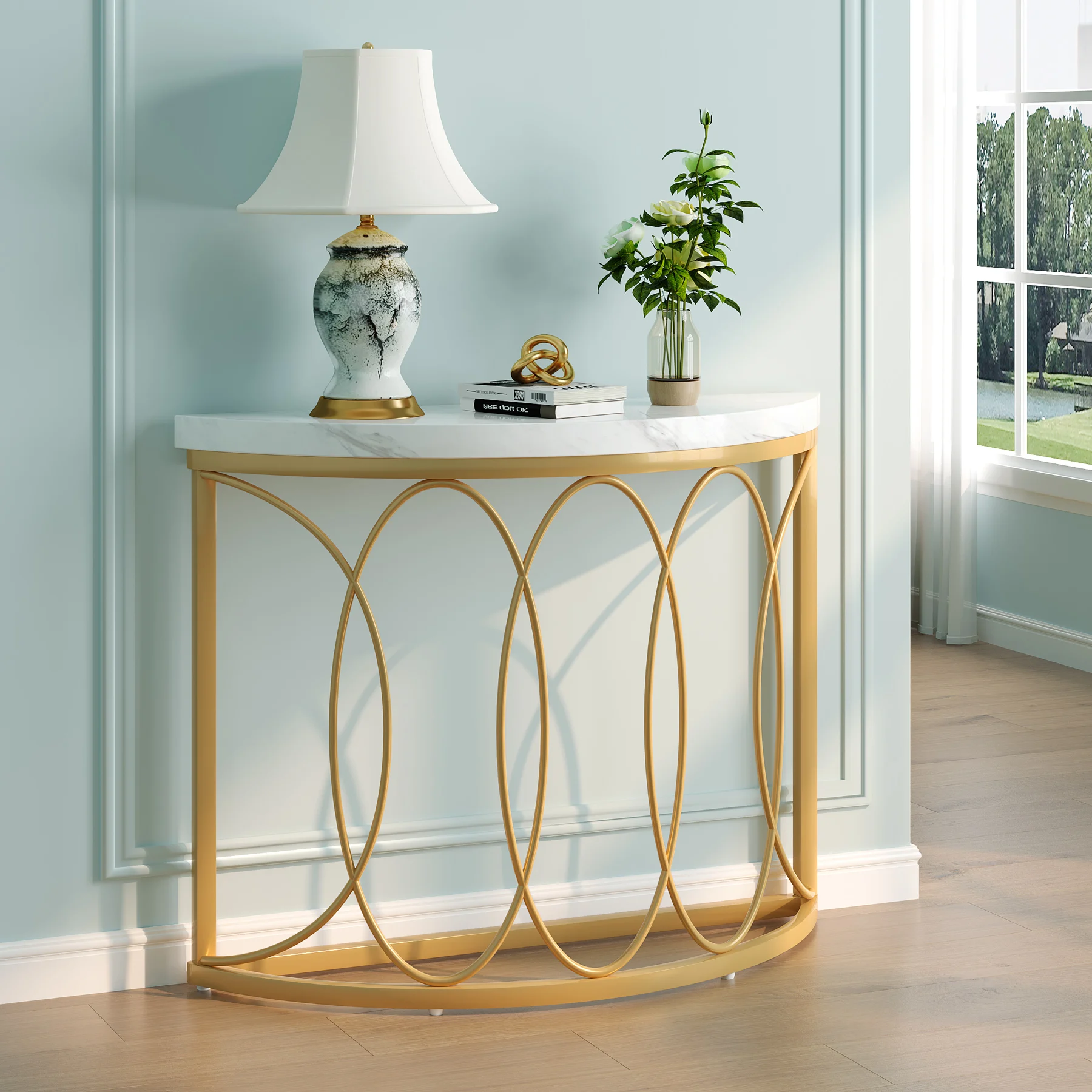 

Tribesigns Half Moon Gold Console Table, 43" Modern Entryway Table, Narrow Semi Circle Sofa Table with Geometric Metal Frame