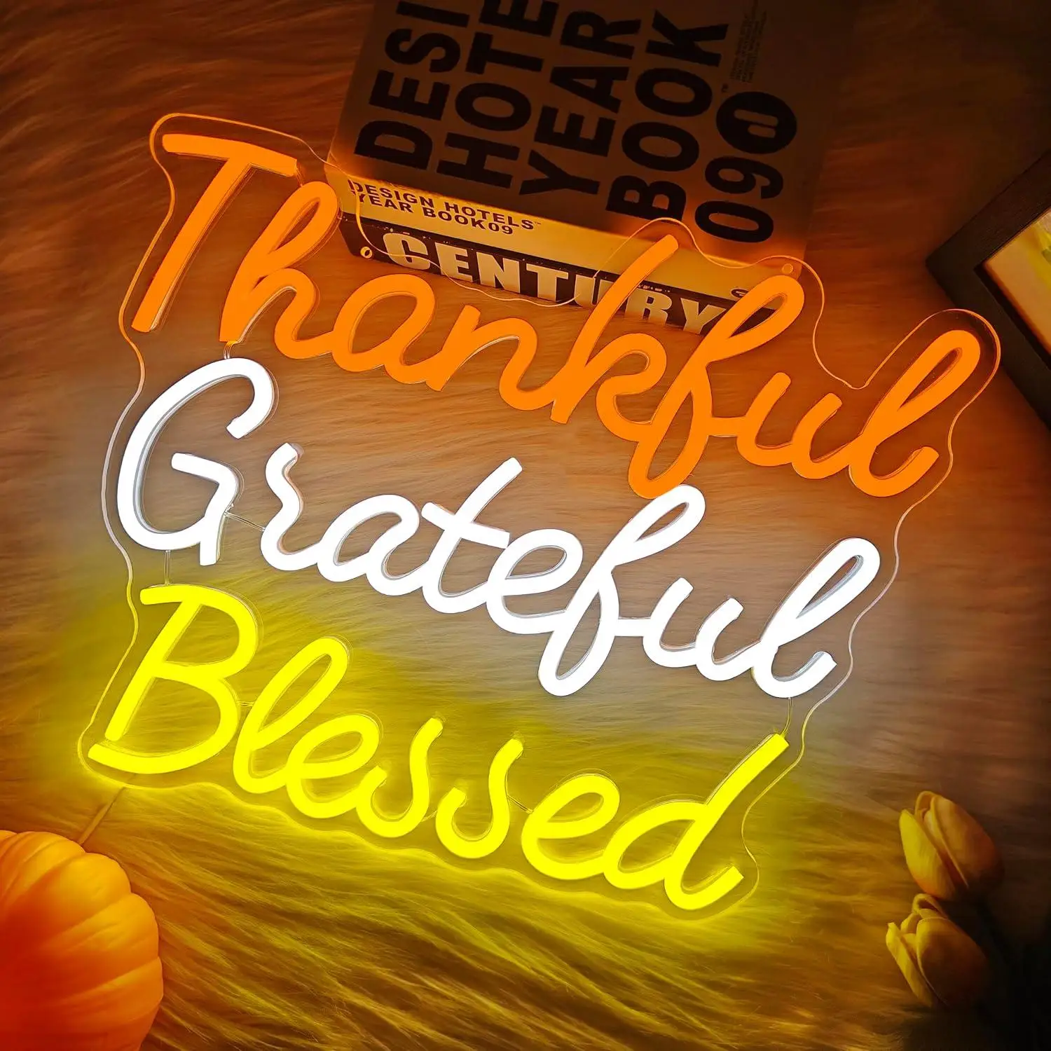 Thankful Grateful Blessed Neon Sign USB Dimmable LED Lights For Thanksgiving Fall Harvest Party Wall Backdrop Decoration Gifts