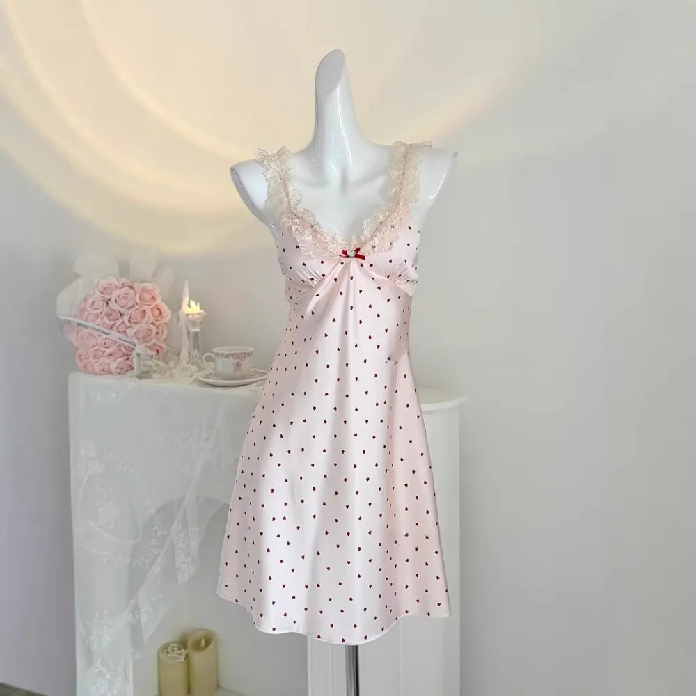 Cartoon Strawberry Milk Lace Trim Cami Sleep Dress Women Ice Silk Built in Bra Padded Push Up Nightgown Pure Sexy Heart Detail