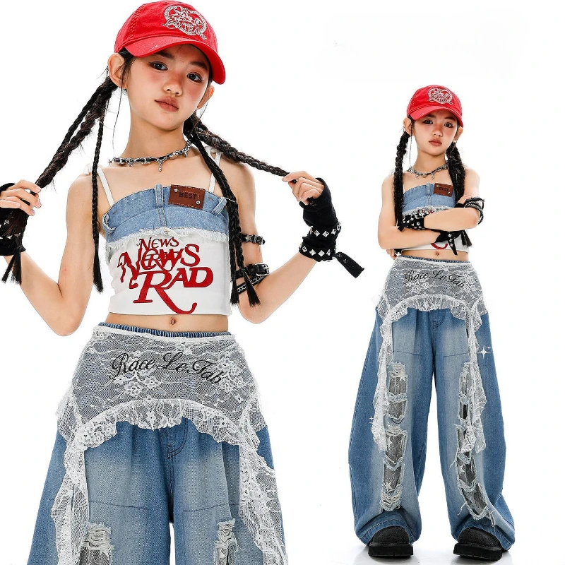 

Girls Jazz Dance Costumes Crop Top Ripped Denim Pants Ballroom Practice Clothes Group Kpop Performance Stage Outfits Show Wear