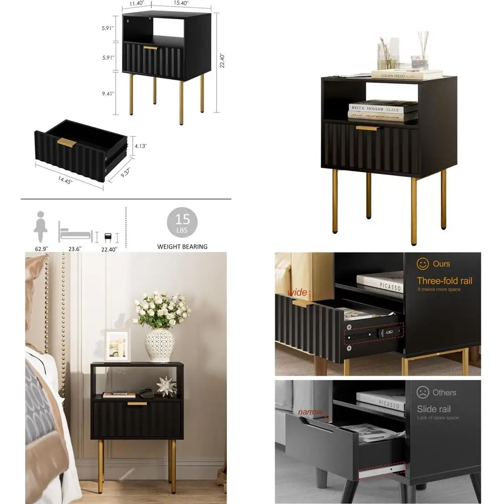 

Современная прикроватная тумбочка с ящиками и полками, с черными и золотыми акцентами, для спальни или гостиной