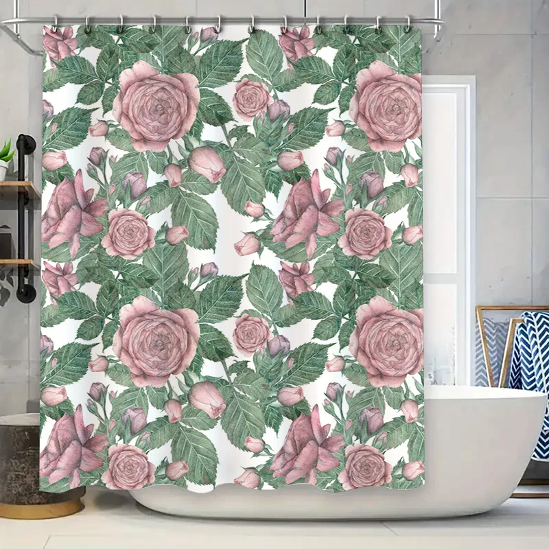 ستارة دش أنيقة بطبعة أوراق خضراء على شكل وردة مقاومة للماء لتزيين الحمام ديكور المنزل وردي 72 × 84 بوصة #1