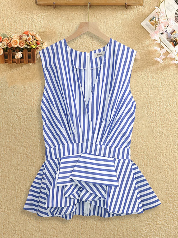 

Women's V Neck Blue and White Stripe Peplum Tops Sleeveless Blouses with Ruffles Rainbow Color Striped Summer Blusas