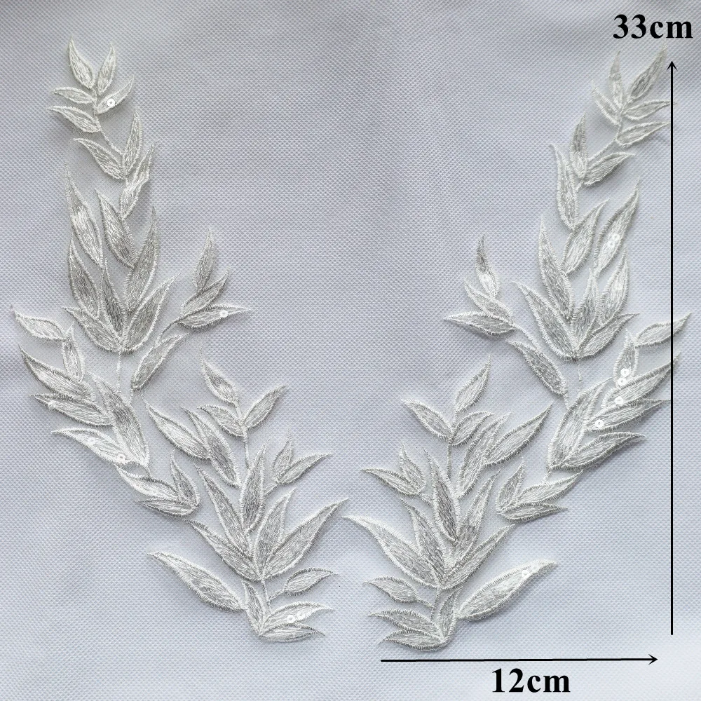 2PCS White Leaf Leaves Lace Fabric Sequin Embroidered Party Gown Appliques Collar Sew Patches For Wedding Decoration Dress DIY