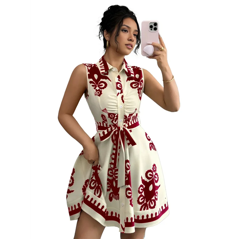 【SEE】 Abito da sole midi abbottonato fluido con cintura senza maniche con stampa floreale Boho estiva 2025 da donna