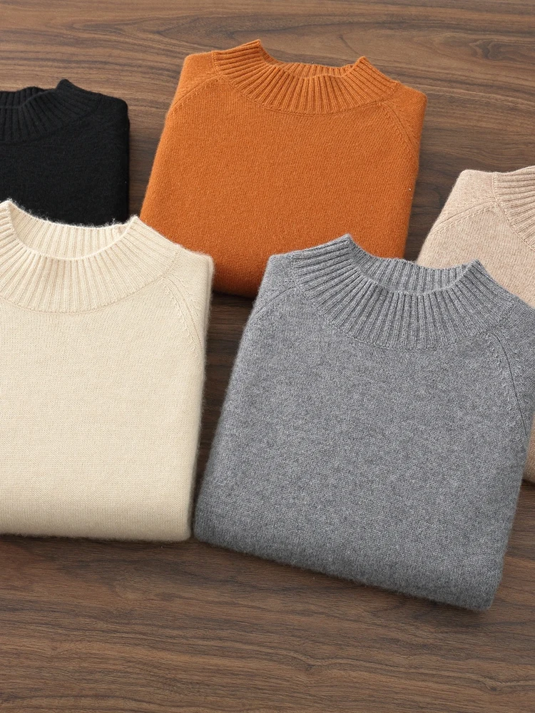 Smart Casual Men's Sweater Pullover 100% Cashmere Autumn Winter Sweater Mock Neck Raglan Basic Pullover Business Warm Clothing