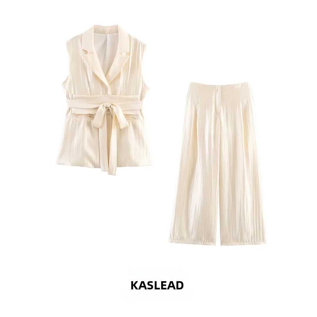 

Elegant Fashionable High Waist Wide Leg Pants Set for Women Spring Season Long Trousers Two Piece Set by KASLEAD