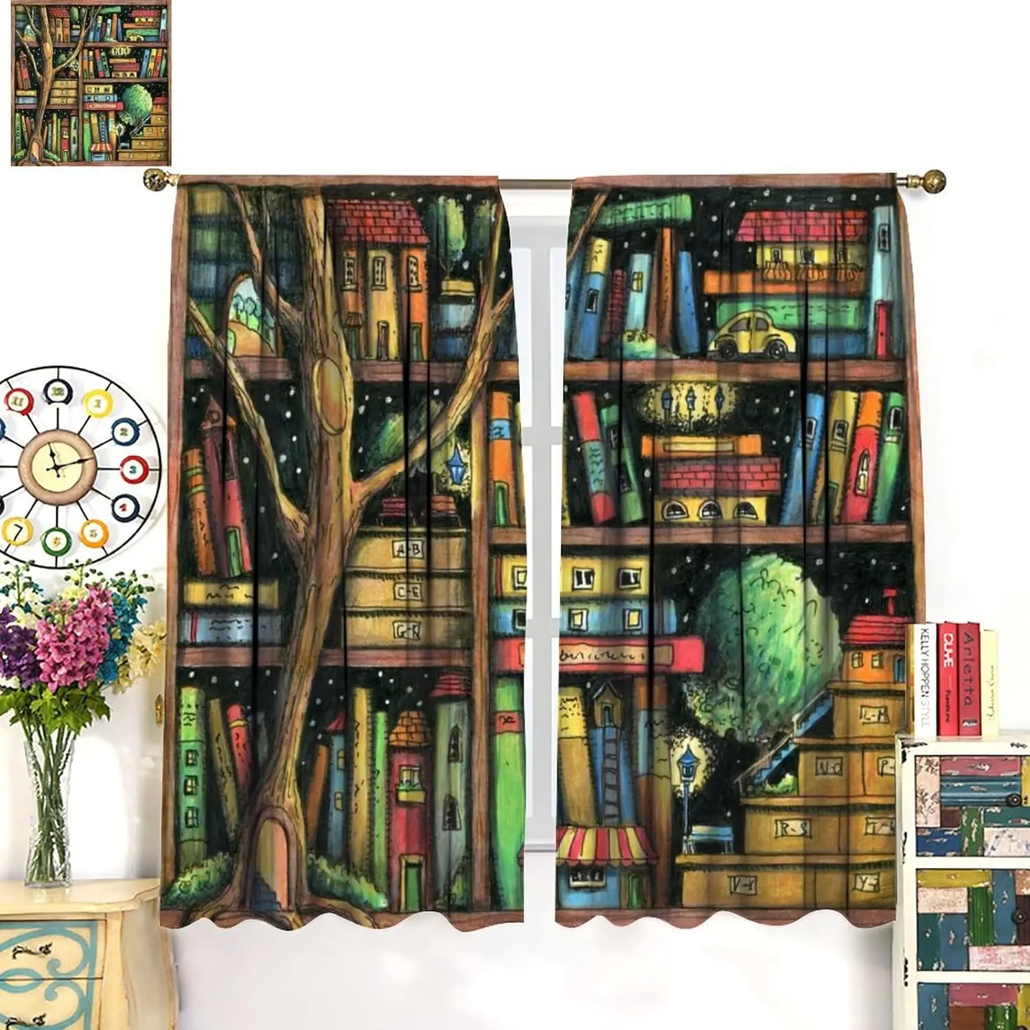 Bookshelf Curtains for Study School Library Reading Room Bedroom Book Rod Pocket Blackout Window Treatment Cartoon The Tree Home