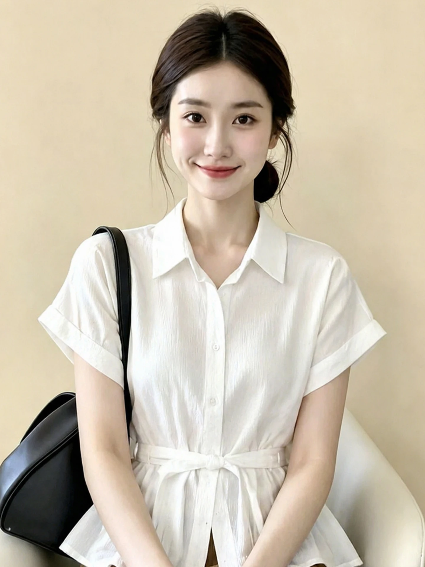 

Fashionable Simple Commuter Style Short Sleeve Shirt Summer Belted Waist Tie Single Button Neck Straight Cut Silk Top