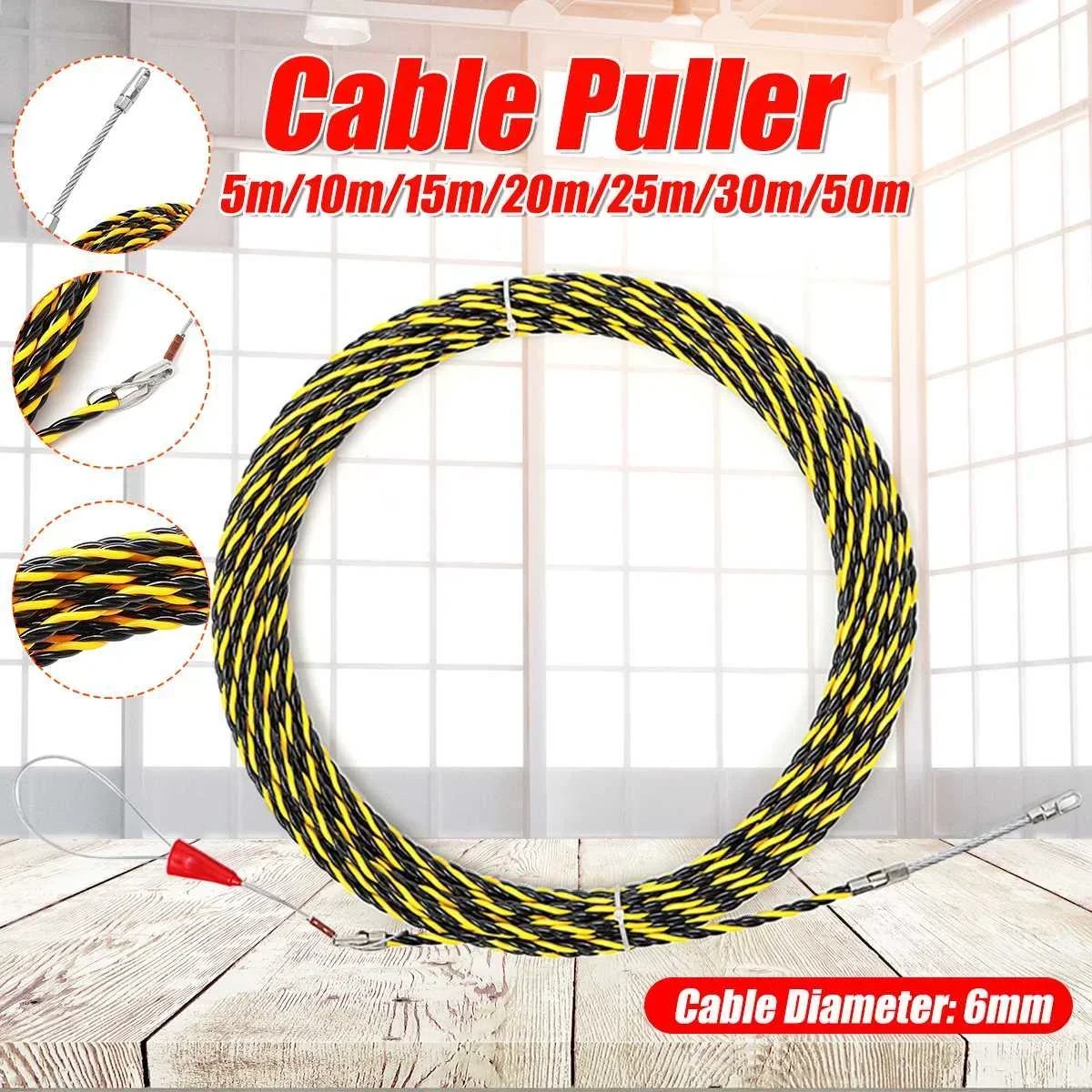6mm 5-50m Cable Puller Guide Device Fiberglass Electric Cable Push Pullers Tape Wire Threading Aid Tool for Wiring Installation