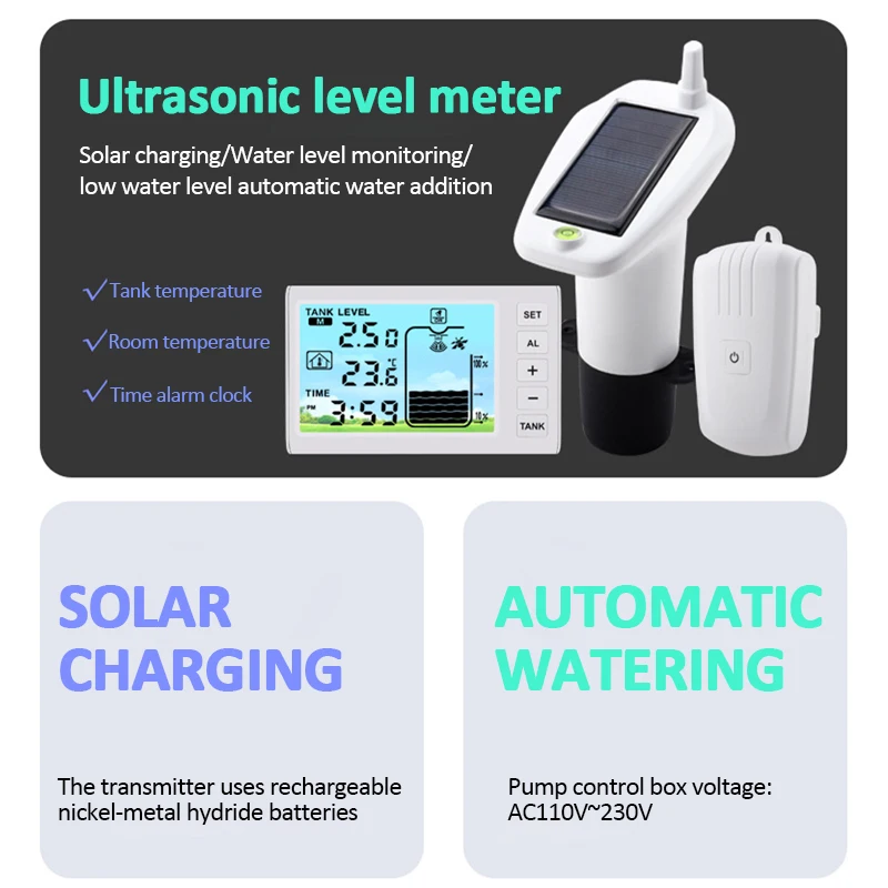 Imagem -06 - Digital Ultrasonic Medidor de Nível Profundidade do Tanque de Água Monitor de Temperatura Solar Powered Controle do Recipiente Ip65 à Prova d Água Ts-ft001