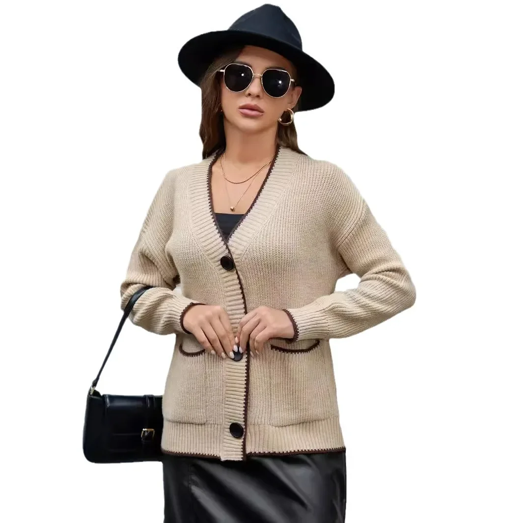 Cardigan camisola de malha feminina único breseted v pescoço casaco sólido manga longa splice jumpers elegante casaco em linha reta outono inverno