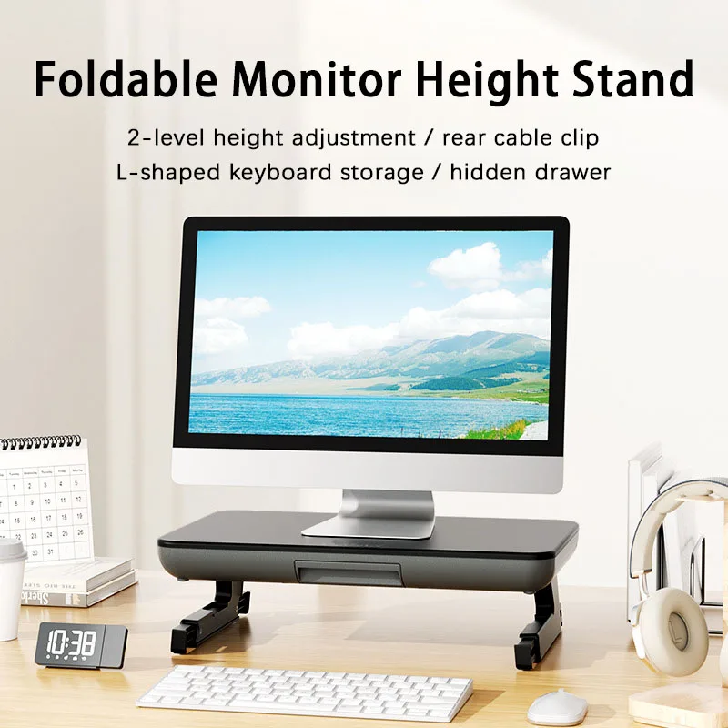 

Computer Monitor Stand Adjustable Desk PC Screen Holder Ergonomic with Drawers Keyboard Storage Rack for iMac Laptop Phone