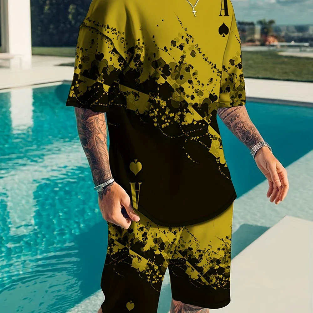 2025 New Men's Summer Leisure Sports Running Set Refreshing Top Style 3D Poker Pattern Fashion Set