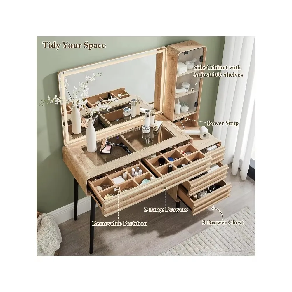 Mid Century Modern Glass Top Vanity Table with 5 Drawers & Adjustable Shelf, Dressing Table with Charging Station